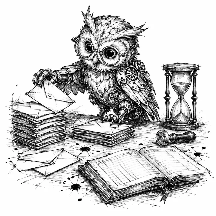 Ink sketch of a clockwork owl in spectacles sorting envelopes beside a ledger and an hourglass.