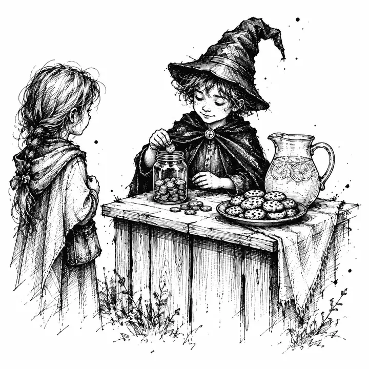Ink sketch of a child in a small wizard hat running a lemonade stand while a friend waits.