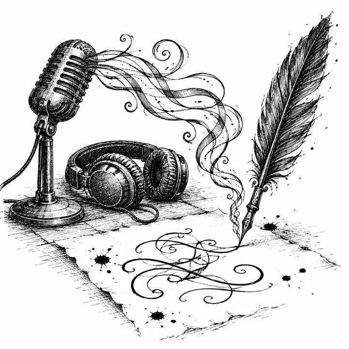 Ink sketch of a quill writing by itself as ribbons of sound drift from an old microphone.