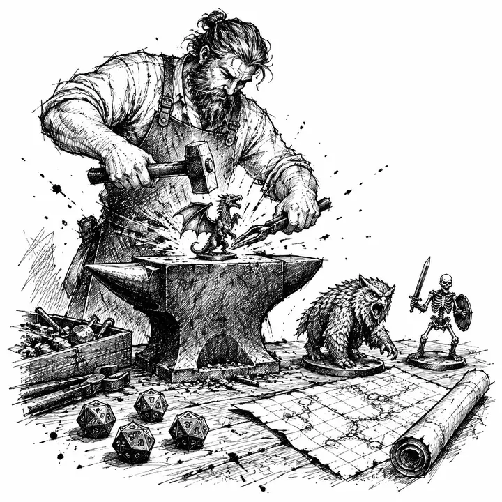 Ink sketch of a smith hammering monster miniatures on an anvil beside dice and a battle map.