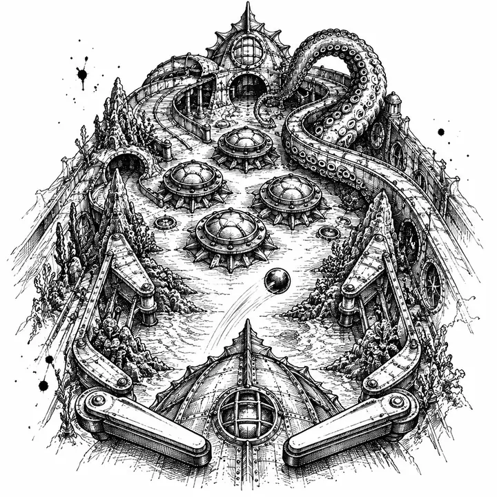 Ink sketch of a pinball table built like Captain Nemo's submarine, with porthole bumpers and a giant squid.