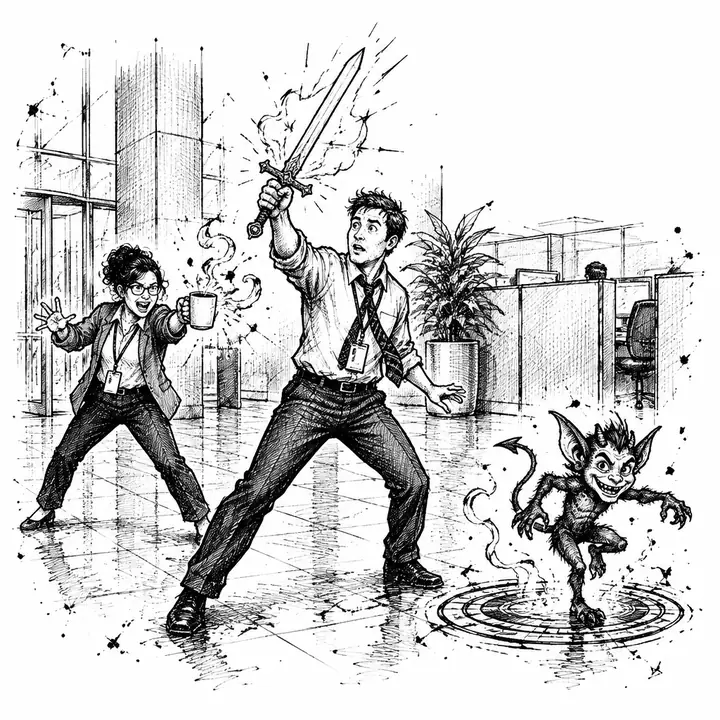 Ink sketch of an office worker raising a glowing sword as a small imp steps off a teleport pad.