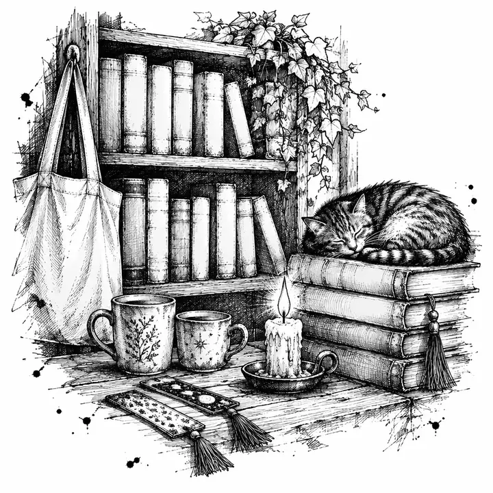 Ink sketch of a bookshop corner with mugs, a tote bag and a cat asleep on a stack of books.