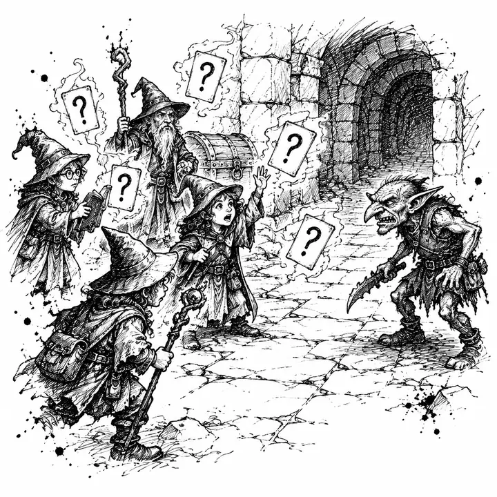 Ink sketch of four small wizards in a dungeon casting question-mark cards at a grumpy goblin.